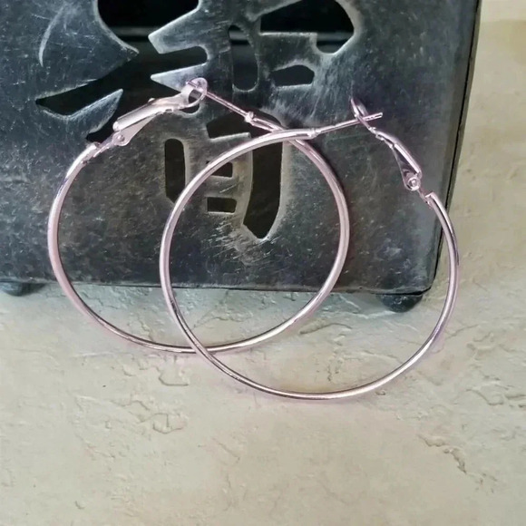 Sleek Pink Large Hoop Earrings 50mm 2" Leverback Minimalist Classic - Picture 3 of 6